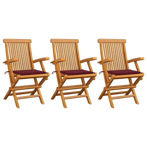 Cadeiras jardim - Cadeiras exterior c almofadões vermelho tinto 3 pcs teca maciça