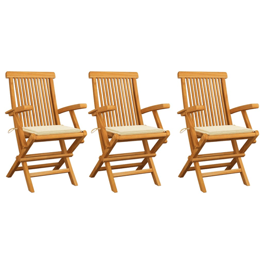 Cadeiras de jardim - Cadeiras de exterior c almofadões creme 3 pcs teca maciça