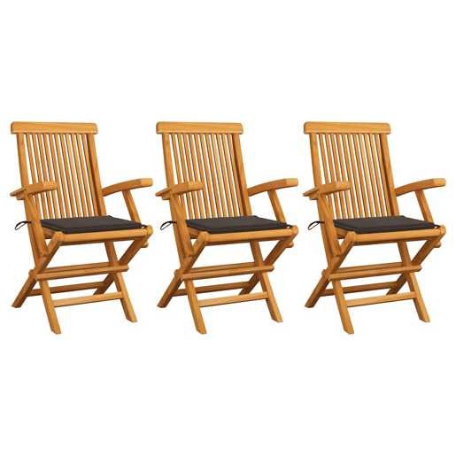 Cadeiras de jardim - Cadeiras de exterior c almofadões cinza-acast. 3 pcs teca maciça