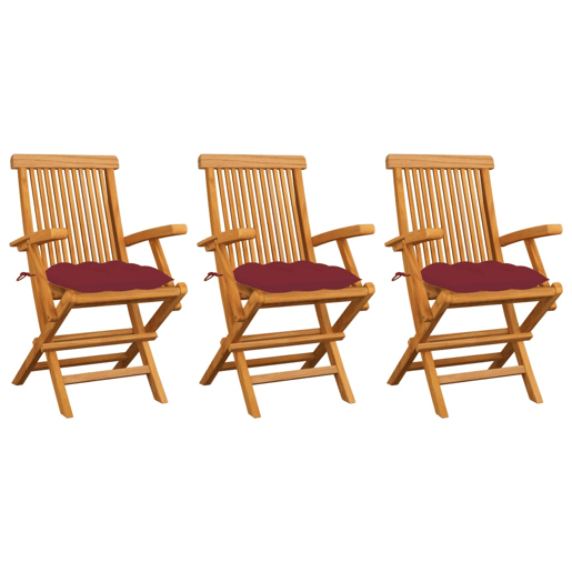 Cadeiras jardim - Cadeiras exterior c almofadões vermelho tinto 3 pcs teca maciça