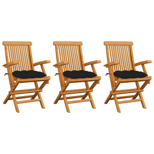 Cadeiras de jardim - Cadeiras de exterior c almofadões pretos 3 pcs teca maciça