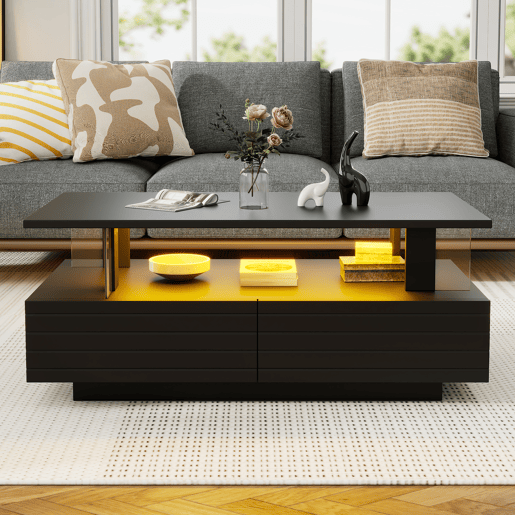 Mesa de centro retangular de acrílico com 2 gavetas e luz led,preto