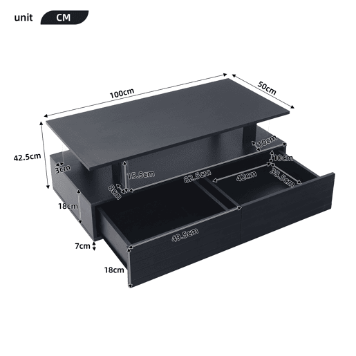Mesa de centro retangular de acrílico com 2 gavetas e luz led,preto