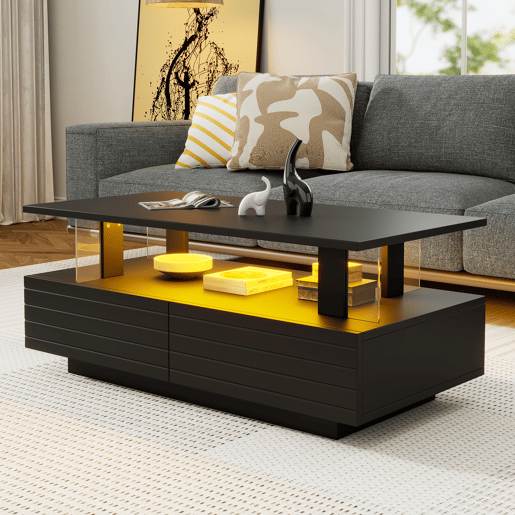 Mesa de centro retangular de acrílico com 2 gavetas e luz led,preto