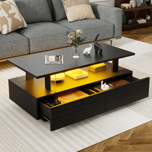 Mesa de centro retangular de acrílico com 2 gavetas e luz led,preto