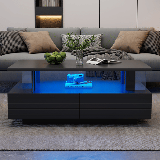Mesa de centro retangular de acrílico com 2 gavetas e luz led,preto