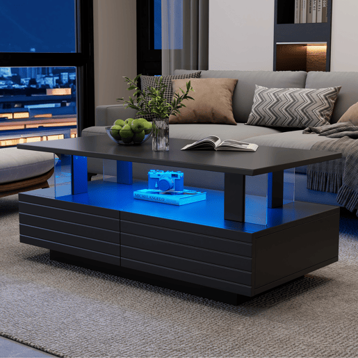Mesa de centro retangular de acrílico com 2 gavetas e luz led,preto