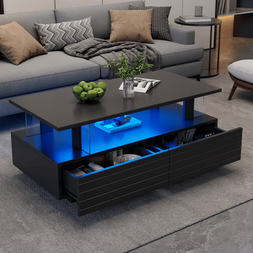 Mesa de centro retangular de acrílico com 2 gavetas e luz led,preto