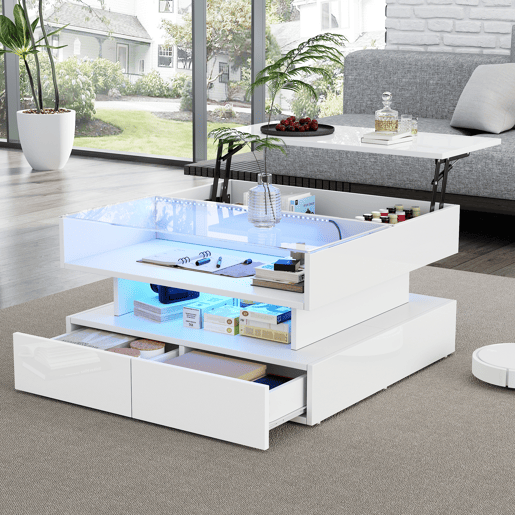 Mesa de centro elevável retangular de painel de partículas com luz led,branco
