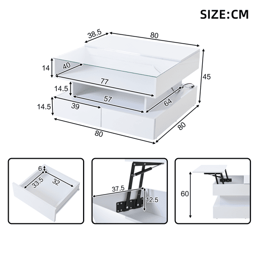 Mesa de centro elevável retangular de painel de partículas com luz led,branco