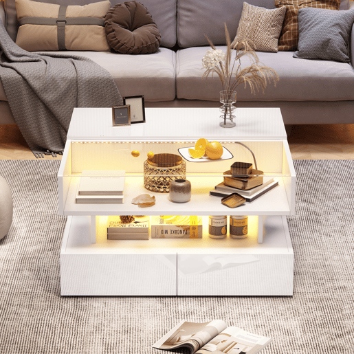 Mesa de centro elevável retangular de painel de partículas com luz led,branco