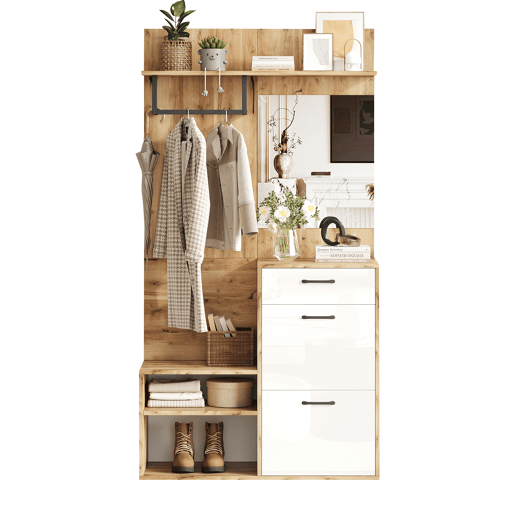 Móvel de entrada de painel de partículas com sapateira e espelho,natural+branco