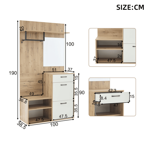 Móvel de entrada de painel de partículas com sapateira e espelho,natural+branco