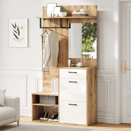 Móvel de entrada de painel de partículas com sapateira e espelho,natural+branco
