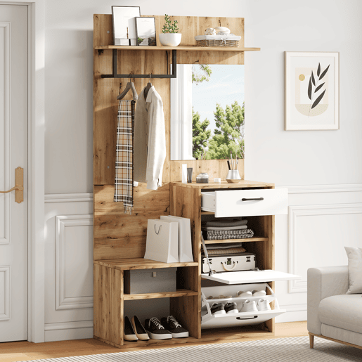 Móvel de entrada de painel de partículas com sapateira e espelho,natural+branco