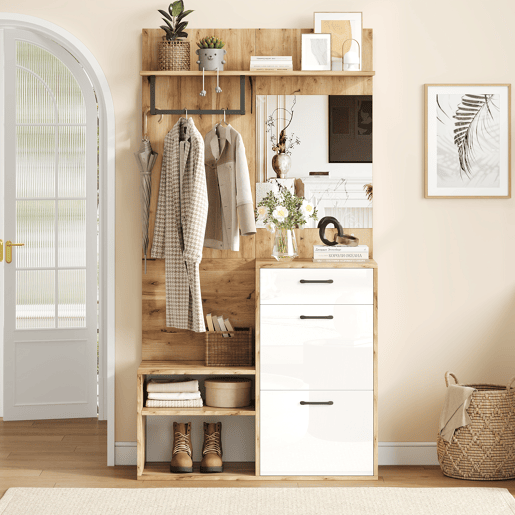 Móvel de entrada de painel de partículas com sapateira e espelho,natural+branco