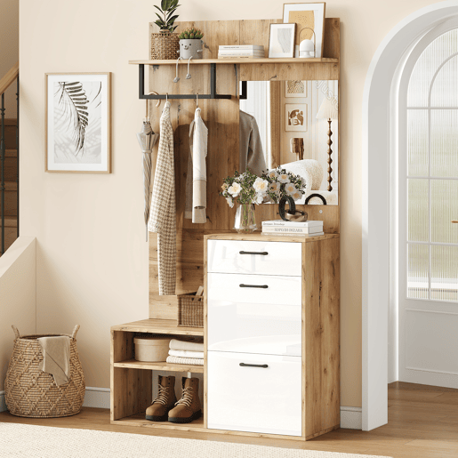 Móvel de entrada de painel de partículas com sapateira e espelho,natural+branco