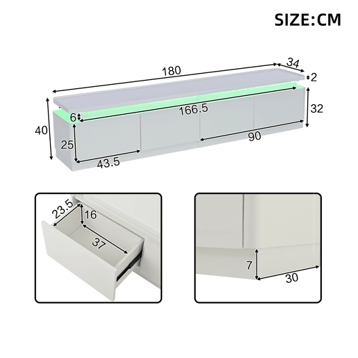 Móvel de TV 180 cm de painel de partículas com 4 gavetas e luz led,branco