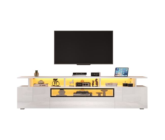 Mueble TV 180 cm de panel de partículas con 2 puertas,1 cajón y luz led,blanco