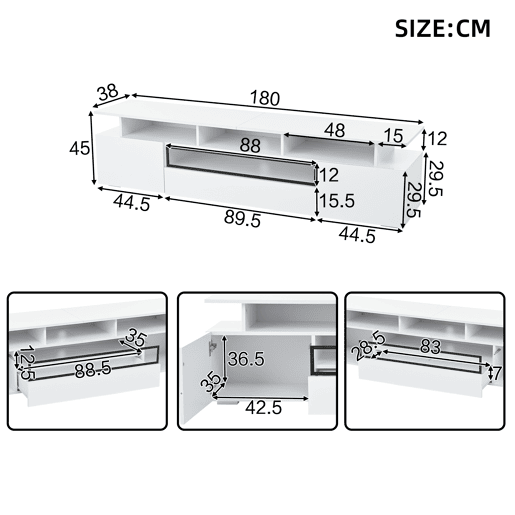 Móvel de TV 180 cm de painel de partículas com 2 portas,1 gaveta e luz led,branco