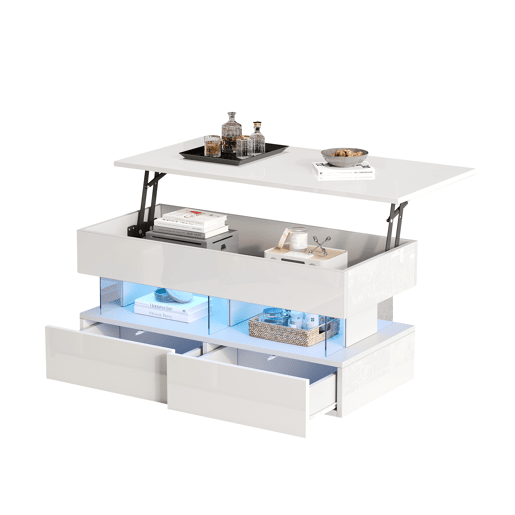 Mesa de centro elevável retangular de mdf com luz led,branco