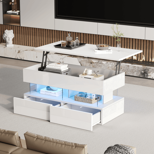 Mesa de centro elevável retangular de mdf com luz led,branco