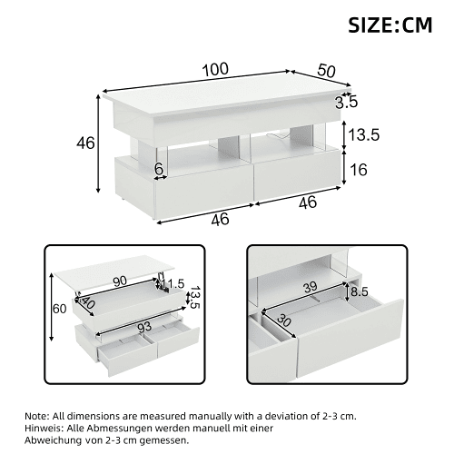Mesa de centro elevável retangular de mdf com luz led,branco