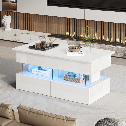 Mesa de centro elevável retangular de mdf com luz led,branco