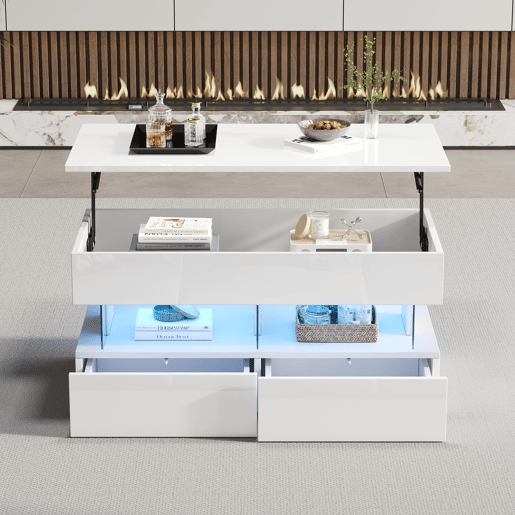Mesa de centro elevável retangular de mdf com luz led,branco