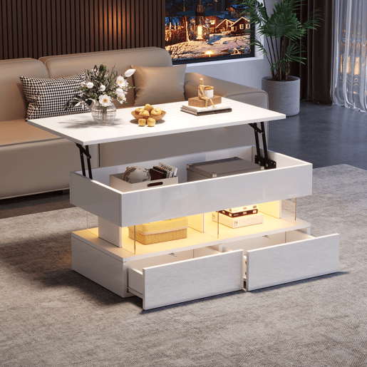 Mesa de centro elevável retangular de mdf com luz led,branco