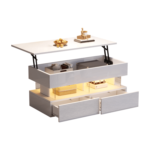 Mesa de centro elevável retangular de mdf com luz led,branco