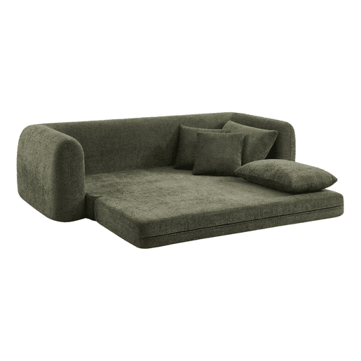 Sofá-cama boucle texturizada de 3 lugares, Sweeetch, Verde caqui, 243x112x83 cm