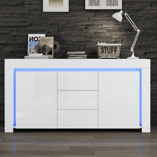 Aparador de mdf com 2 portas,3 gavetas e luz led,branco