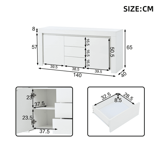 Aparador de mdf com 2 portas,3 gavetas e luz led,branco