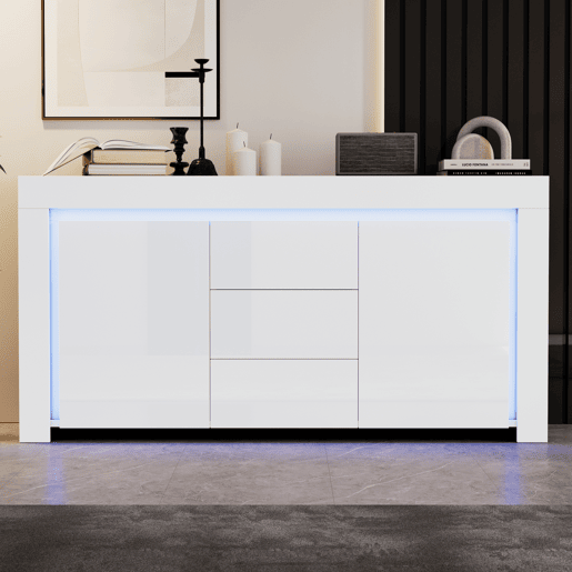 Aparador de mdf com 2 portas,3 gavetas e luz led,branco