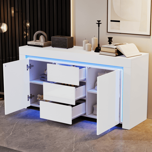 Aparador de mdf com 2 portas,3 gavetas e luz led,branco
