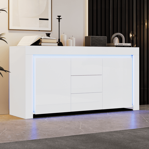 Aparador de mdf com 2 portas,3 gavetas e luz led,branco