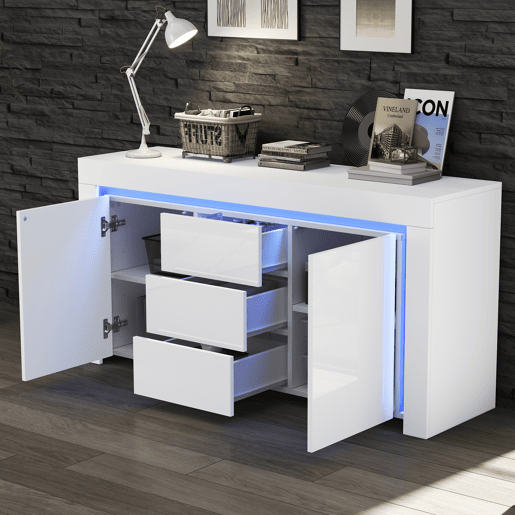 Aparador de mdf com 2 portas,3 gavetas e luz led,branco