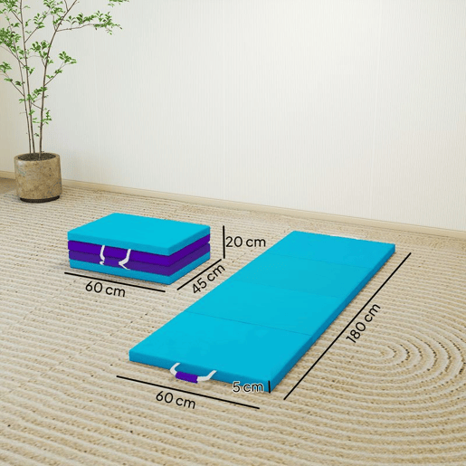 SPORTNOW Tapete de Ginástica Dobrável com Espessura de 5 cm Tapete de Exercício com Pegas de Transporte e Bolsa Tapete de Ginástica para Yoga Aeróbica Artes Marciais 180x60x5 cm Azul e Roxo