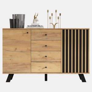 Aparador de mdf com 2 portas e 4 gavetas,natural+preto