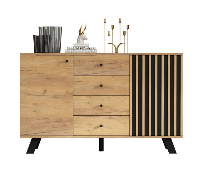 Aparador de mdf con 2 puertas y 4 cajones,natural+negro