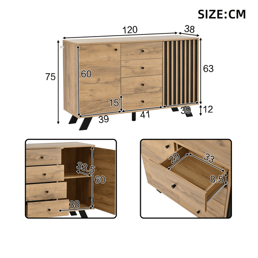 Aparador de mdf com 2 portas e 4 gavetas,natural+preto