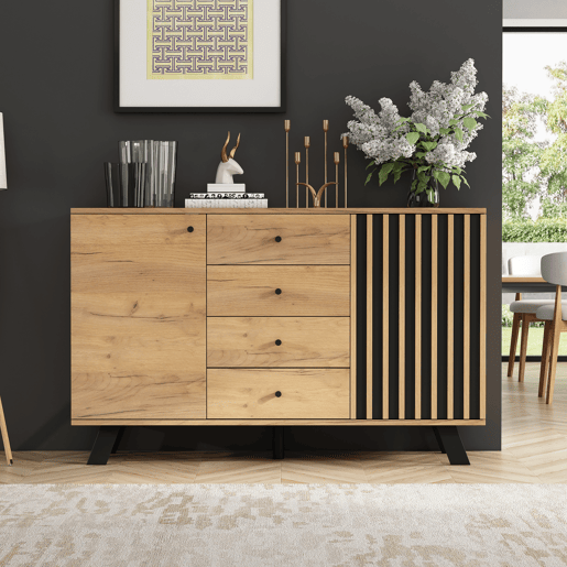 Aparador de mdf com 2 portas e 4 gavetas,natural+preto