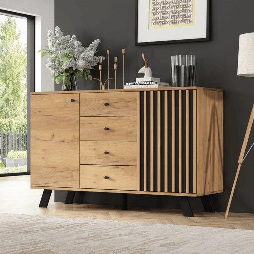 Aparador de mdf com 2 portas e 4 gavetas,natural+preto