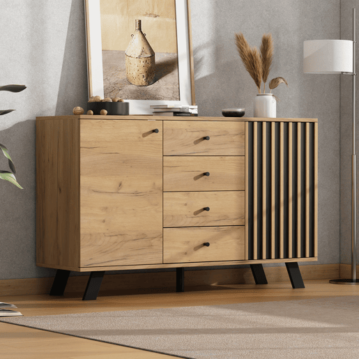 Aparador de mdf com 2 portas e 4 gavetas,natural+preto