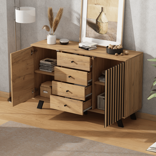 Aparador de mdf com 2 portas e 4 gavetas,natural+preto
