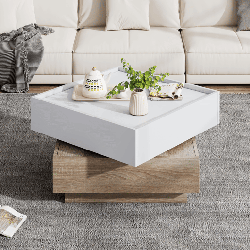 Mesa de centro giratória quadrada de painel de partículas,natural+branco