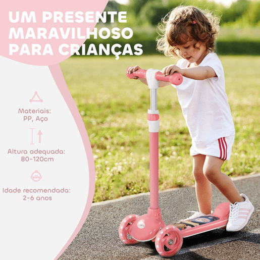 AIYPLAY Trotinete para Crianças de 2-6 Anos Trotinete Infantil Dobrável Trotinete com 3 Rodas LED Altura Ajustável Carga 25 kg 52x29x63-76 cm Rosa
