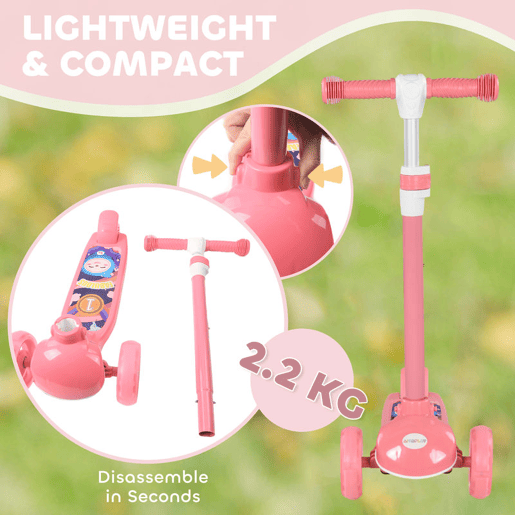 AIYPLAY Trotinete para Crianças de 2-6 Anos Trotinete Infantil Dobrável Trotinete com 3 Rodas LED Altura Ajustável Carga 25 kg 52x29x63-76 cm Rosa