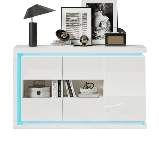 Aparador de painel de partículas com 3 portas e luz led,branco